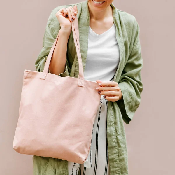 Woman Holding Canvas Tote Bag Reusable Eco Bag Eco Friendly — Stock Photo, Image