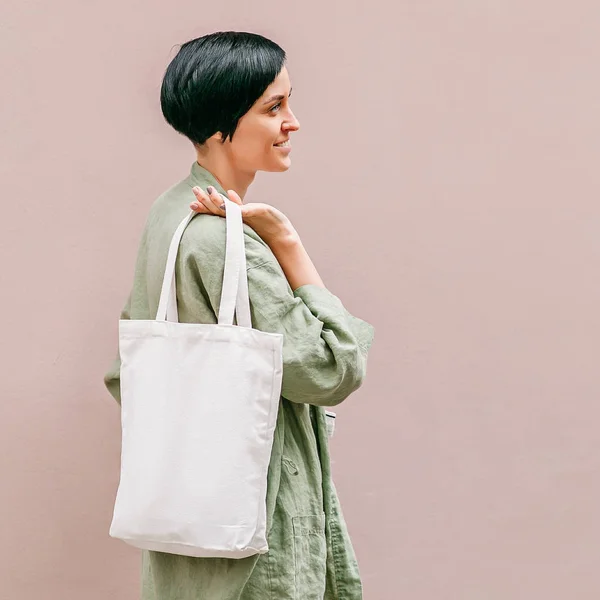 Woman Holding Canvas Tote Bag Reusable Eco Bag Eco Friendly — Stock Photo, Image