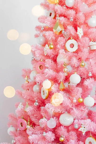 Árvore Natal Rosa Decorações Natal Cor Branca Dourada — Fotografia de Stock