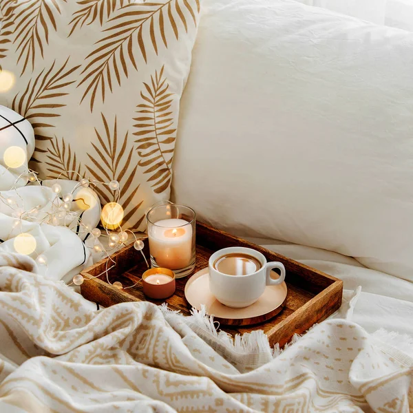 Wooden Tray Coffee Candles Bed Hygge Concept — Stock Photo, Image