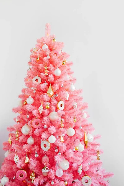 Roze Kerstboom Kerstversiering Wit Goud Kleur — Stockfoto