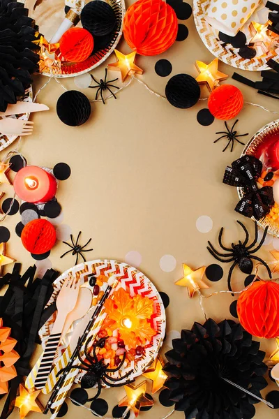 Fondo Vacaciones Halloween Con Caramelos Murciélagos Arañas Calabazas Decoraciones — Foto de Stock
