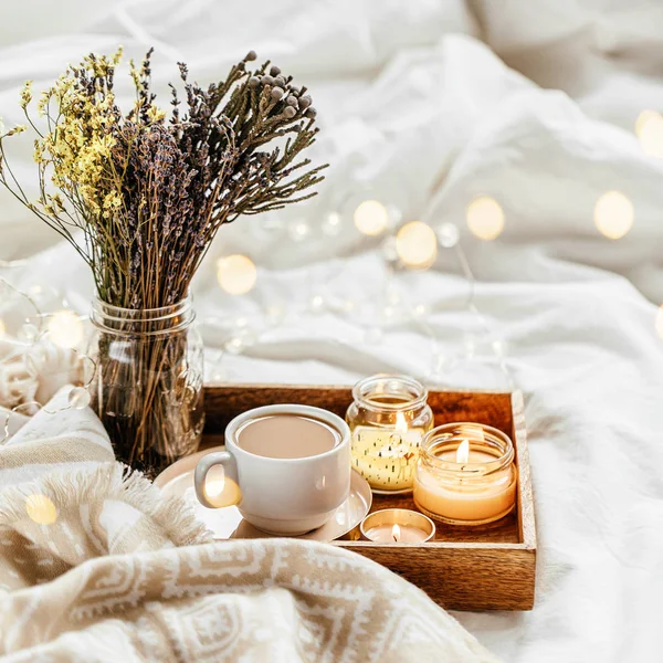 Tray Coffee Candles Warm Plaid White Bedding — Stock Photo, Image