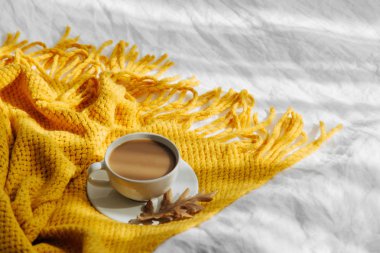 Sıcak ekoseli bir fincan kahve. Sonbahar konsepti.