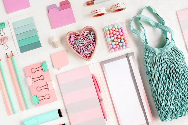 Flat Lay Stylish Stationery Set School Supplies Pink Blue Pastel — Stock Photo, Image