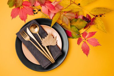 Festival tablo ayarı ile parlak sonbahar turuncu zemin üzerine bırakır. Düz yatıyordu, en iyi görünüm, kopya alanı