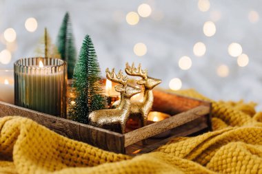 Sıcak ekose ile ahşap tepsi üzerinde mumlar ve noel süslemeleri yanan. Kış rahat tarzı. Hygge kavramı. 