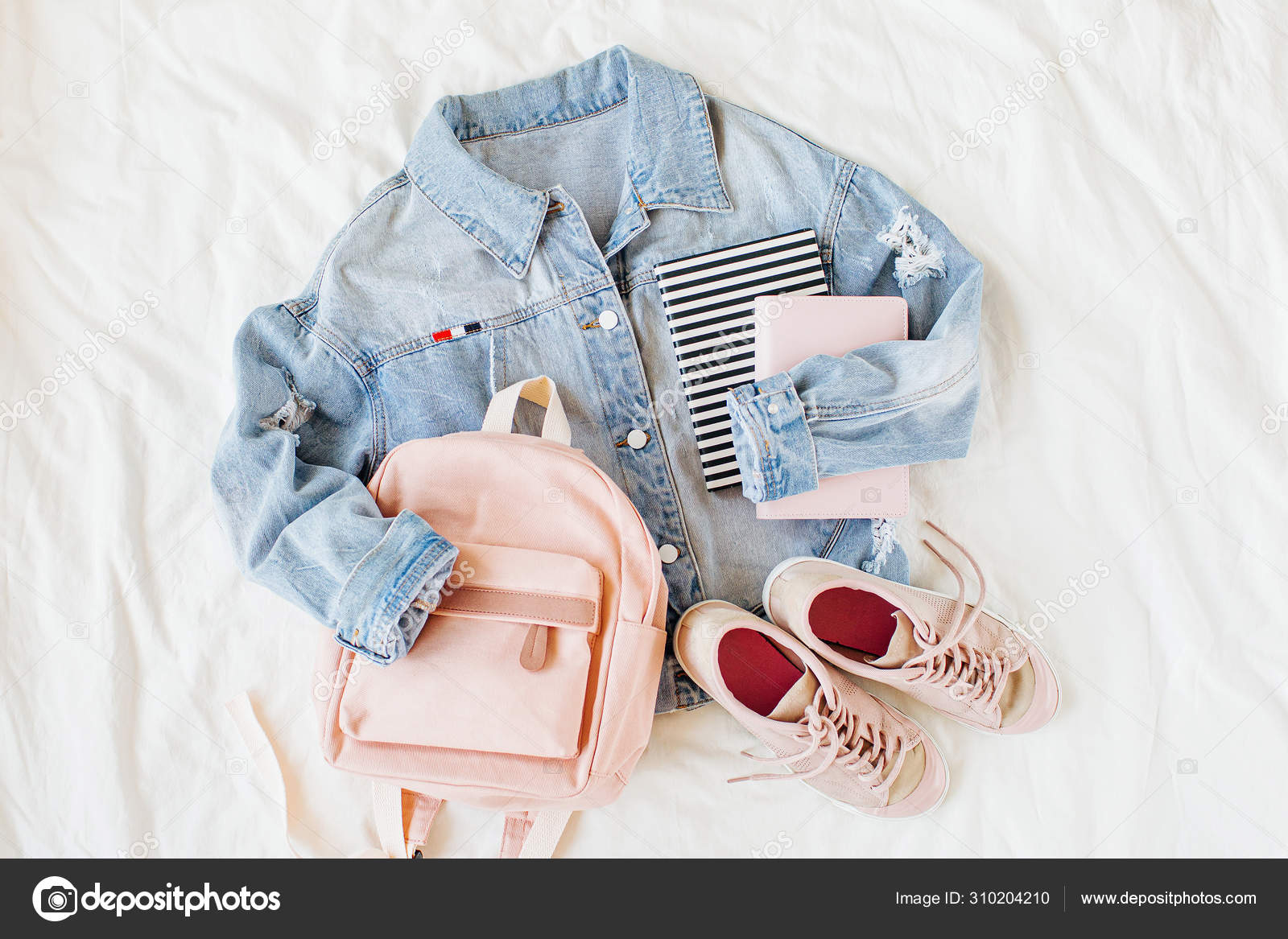 Blue Jean Jacket Pale Pink Backpack Book Sneakers White Women's
