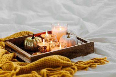 Yatakta sıcak ekose ile ahşap tepsi üzerinde mumlar kabak dekorasyon yanan. Sonbahar stili. Hygge kavramı. 