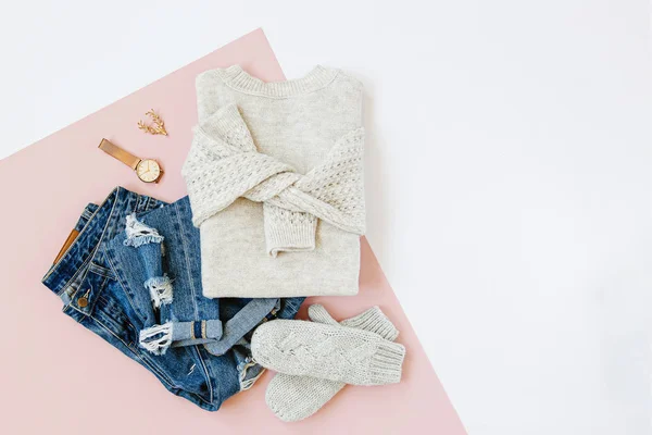 Blue Jeans Sweater Mittens White Background Women Stylish Autumn Winter — Stock Photo, Image