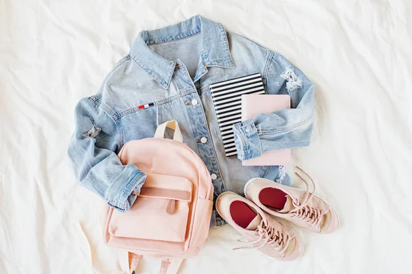 Blue Jean Jacket Pale Pink Backpack Book Sneakers White Women — Stock Photo, Image