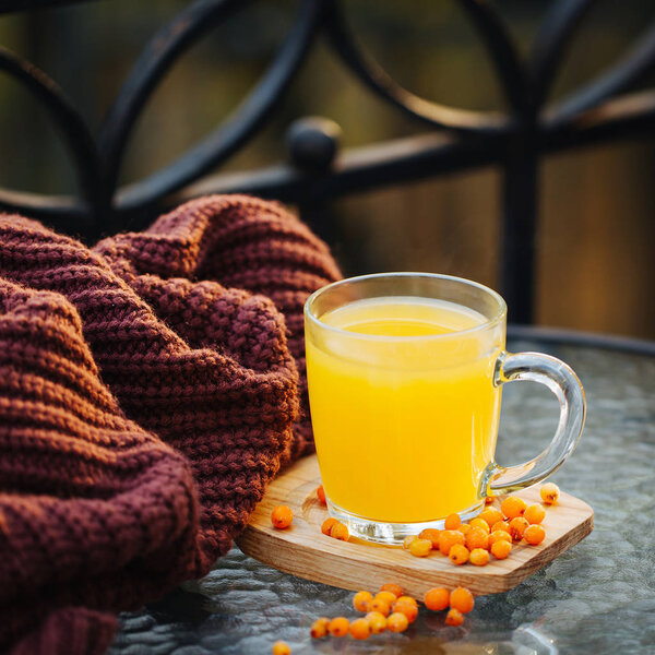 Vitaminic  sea buckthorn tea in  teaglass  with fresh raw sea buckthorn berries. Traditional Autumn Drink