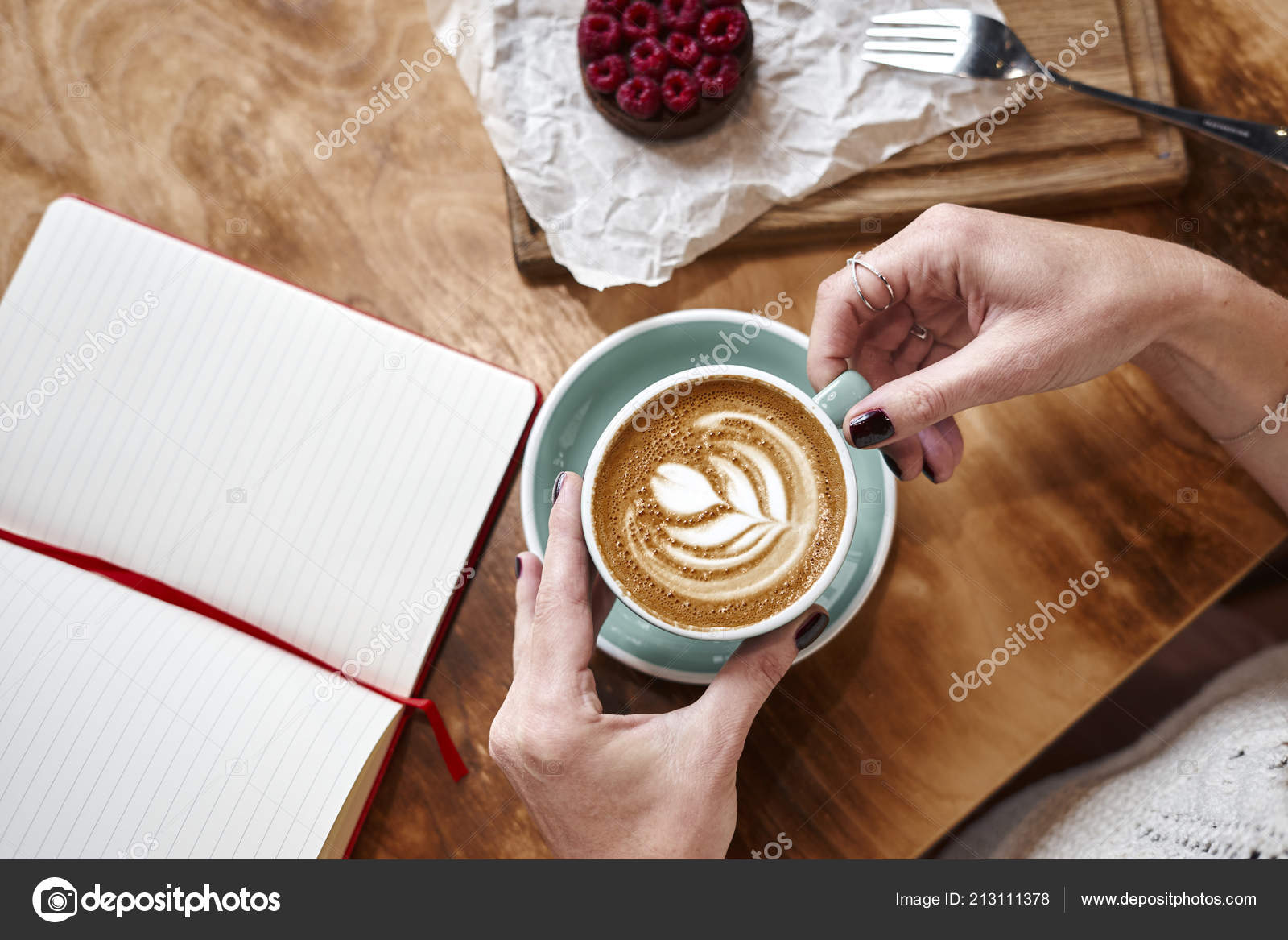 Cup Coffee Latte Wooden Table Background Woman Hands Having Lunch Stock Photo C Pogorelova 213111378