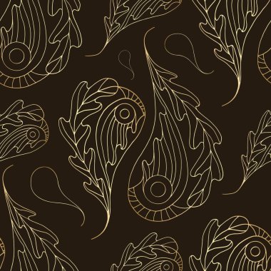Paisley vektör seamless modeli. Altın soyut meşe yaprağı arka plan. Çizilmiş yaprak doku duvar kağıdı için el, ambalaj kağıdı, tekstil, yüzey tasarımı, telefon durumda baskı, kumaş.