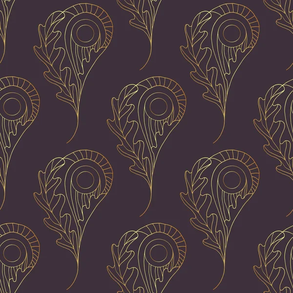 Paisley Vektor nahtloses Muster. Gold abstrakte Eichenblätter Hintergrund. Handgezeichnete Blatttextur für Tapeten, Packpapier, Textilien, Oberflächengestaltung, Handyhüllendruck, Stoff. — Stockvektor
