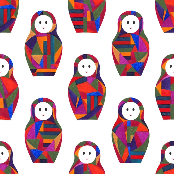 Watercolor abstract girls seamless pattern. Nesting doll characters texture for surface design, textile, wrapping paper, wallpaper, phone case print, fabric. Matryoshka hand painted background.