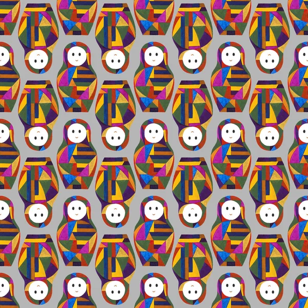 Watercolor abstract girls seamless pattern. Nesting doll characters texture for surface design, textile, wrapping paper, wallpaper, phone case print, fabric. Matryoshka hand painted background.