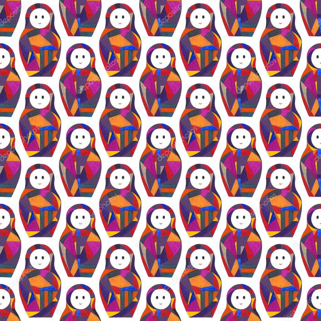 Watercolor abstract girls seamless pattern. Nesting doll characters texture for surface design, textile, wrapping paper, wallpaper, phone case print, fabric. Matryoshka hand painted background.