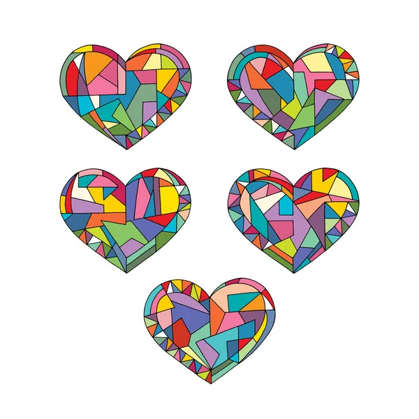 Herzen Handgezeichnete Abstrakte Vektorillustrationen Liebe Geometrische Mosaik Cartoon Kollektion Modernen — Stockvektor