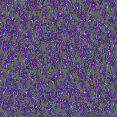 Iris çiçekler el vektör sorunsuz desen çizilmiş. Doğa, modern tarzda arka plan yaprakları. Yüzey tasarımı için çiçek mor doku, tekstil, ambalaj kağıdı, duvar kağıdı, baskı, kumaş.