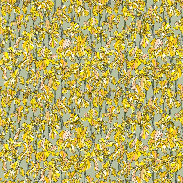 Flores da íris mão desenhado padrão sem costura vetor. Natureza pétalas fundo em estilo moderno. Textura amarela floral para design de superfície, têxtil, papel de embrulho, papel de parede, estojo de telefone, tecido . — Vetor de Stock
