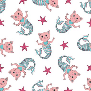 Kedi denizkızı vektörünün kusursuz deseni. El çizimi soyut karikatür arkaplanı. Yüzen sevimli karakterler.