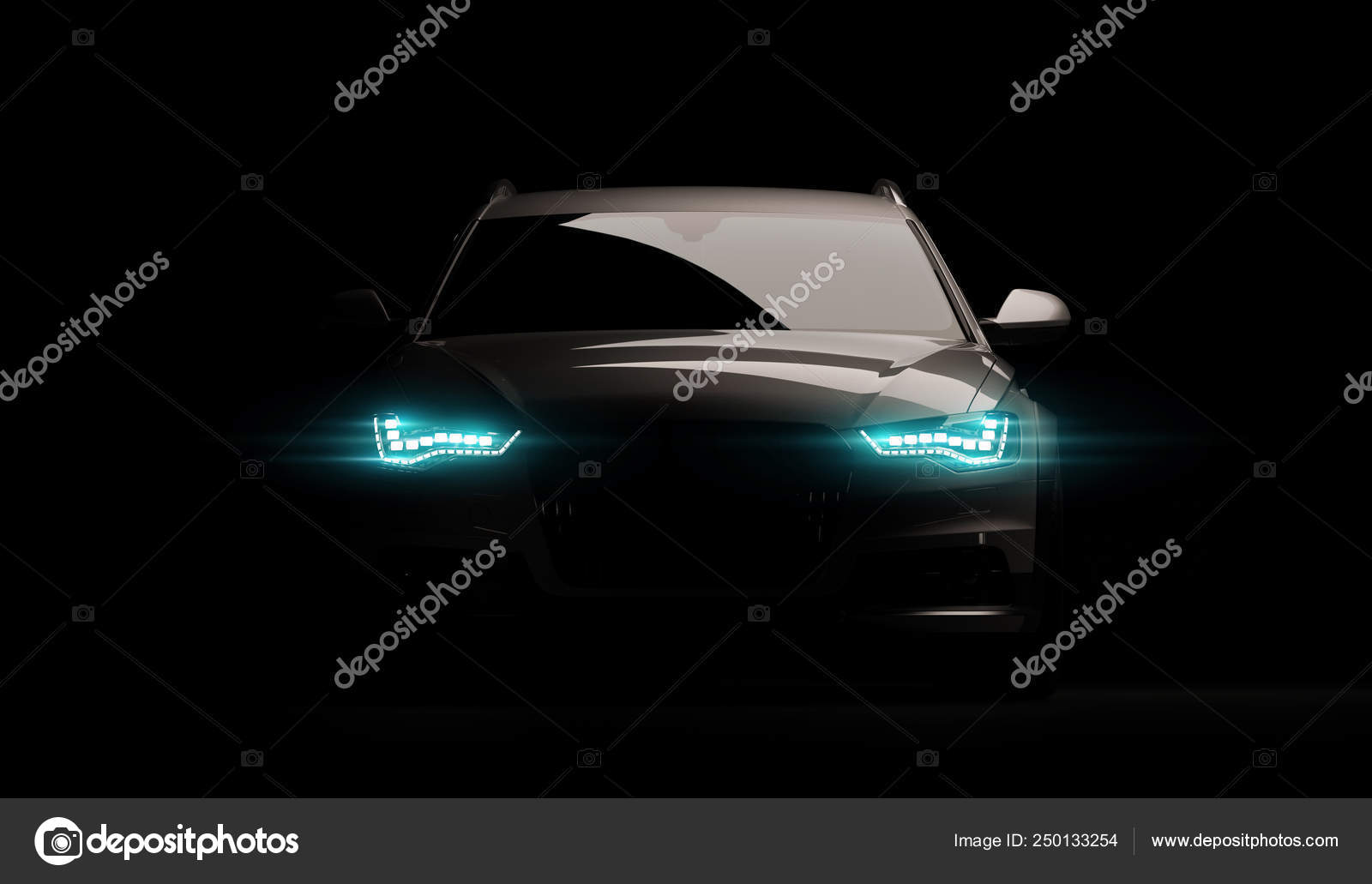 Stylisches Auto auf schwarzem Hintergrund mit eingeschaltetem LED