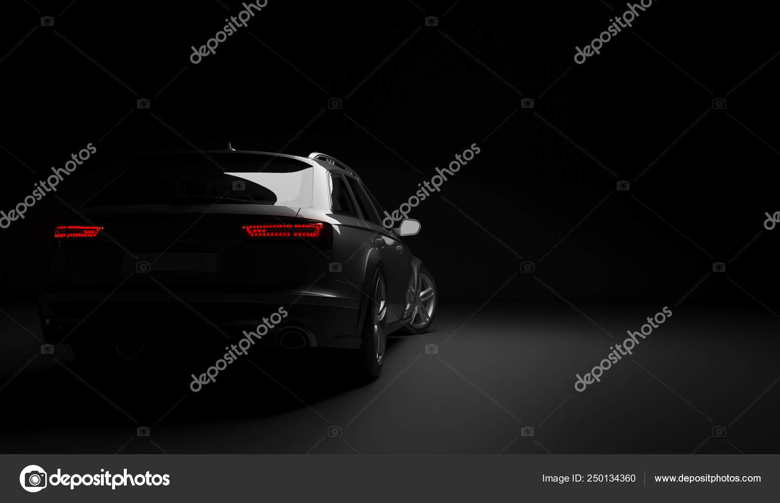 黑色背景上的时尚汽车, 开着led 灯。未来派现代车辆头部在黑暗中发光。3d 渲染——图库图片© Medvedsky.kz #250134360, image size:1600x1031
