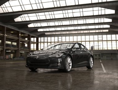 Almatı, Kazakistan 28 Şubat 2019. Tesla model S endüstriyel zemin üzerine. Elektrikli Araba. 3D render.