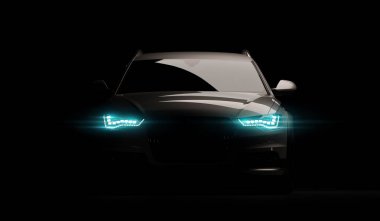 Led ışıkları ile şık Araba siyah bir arka plan. Fütüristik modern araç baş hafif xenon kara günü. 3D render