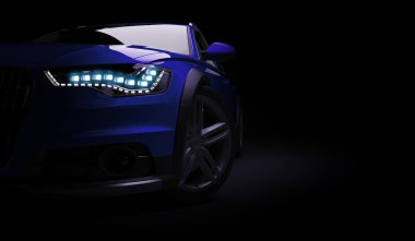 Led ışıkları ile şık Araba siyah bir arka plan. Fütüristik modern araç baş hafif xenon kara günü. 3D render