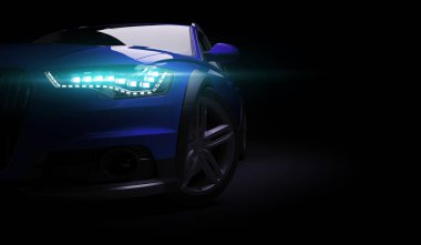 Led ışıkları ile şık Araba siyah bir arka plan. Fütüristik modern araç baş hafif xenon kara günü. 3D render
