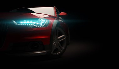 Led ışıkları ile şık Araba siyah bir arka plan. Fütüristik modern araç baş hafif xenon kara günü. 3D render