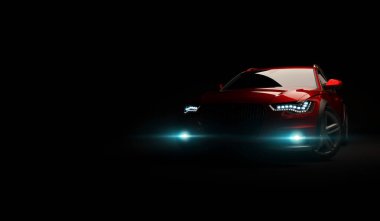 Led ışıkları ile şık Araba siyah bir arka plan. Fütüristik modern araç baş hafif xenon kara günü. 3D render
