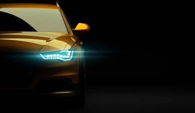 Stylish car on a black background with led lights on. Futuristic modern vehicle head light xenon on dark. 3d render clipart