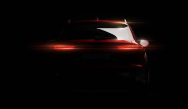 Led ışıkları ile şık Araba siyah bir arka plan. Fütüristik modern araç baş hafif xenon kara günü. 3D render