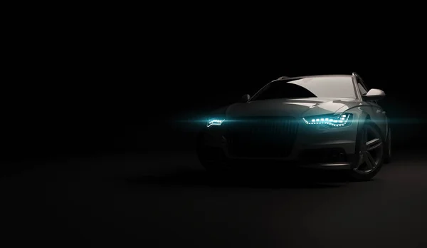 Voiture élégante sur un fond noir avec des lumières LED allumées. Futuriste lumière de tête de véhicule moderne xénon sur sombre. 3d rendu — Photo