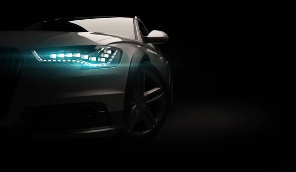 Elegante coche sobre un fondo negro con luces led encendidas. Futurista moderno vehículo cabeza luz xenón en la oscuridad. 3d renderizar — Foto de Stock