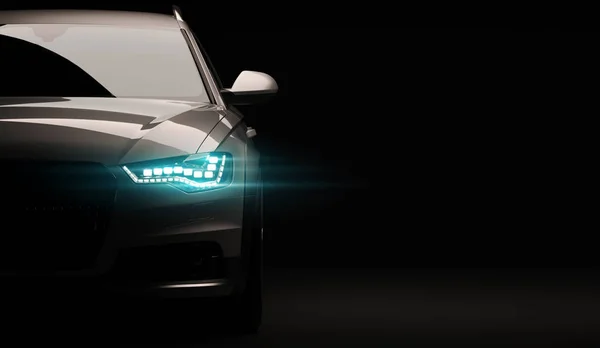 Carro elegante em um fundo preto com luzes led acesas. Futurista moderno veículo cabeça luz xenônio no escuro. Renderização 3d — Fotografia de Stock