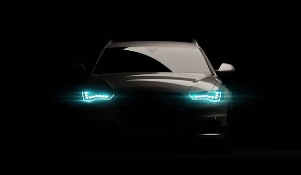 Carro elegante em um fundo preto com luzes led acesas. Futurista moderno veículo cabeça luz xenônio no escuro. Renderização 3d — Fotografia de Stock