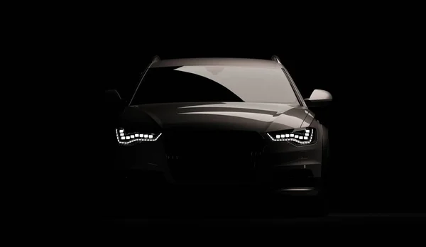 Carro elegante em um fundo preto com luzes led acesas. Futurista moderno veículo cabeça luz xenônio no escuro. Renderização 3d — Fotografia de Stock