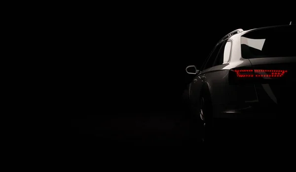Stylish car on a black background with led lights on. Futuristic modern vehicle head light xenon on dark. 3d render — Stock Photo, Image