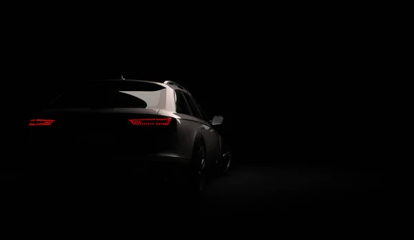 Snygg bil på en svart bakgrund med led-lampor på. Futuristiska modernt fordon huvud ljus xenon på mörka. 3D render — Stockfoto