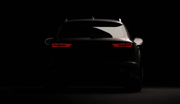 Elegante coche sobre un fondo negro con luces led encendidas. Futurista moderno vehículo cabeza luz xenón en la oscuridad. 3d renderizar — Foto de Stock