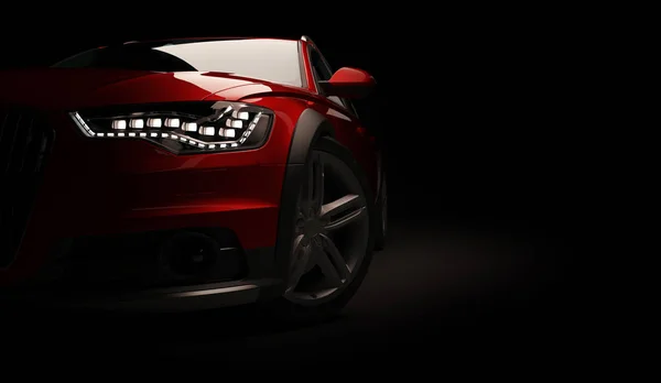 Led ışıkları ile şık Araba siyah bir arka plan. Fütüristik modern araç baş hafif xenon kara günü. 3D render