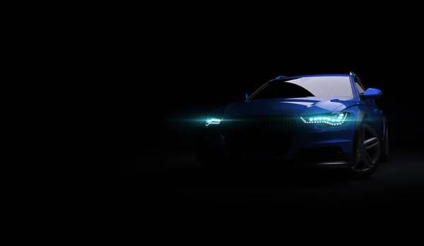 Elegante auto su sfondo nero con luci a led accese. Futuristico veicolo moderno testa luce allo xeno sul buio. rendering 3d — Foto Stock