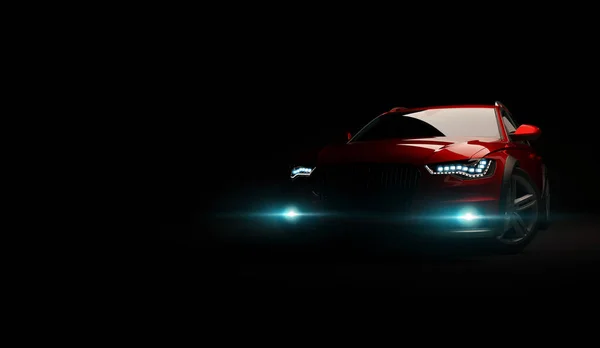 Elegante auto su sfondo nero con luci a led accese. Futuristico veicolo moderno testa luce allo xeno sul buio. rendering 3d — Foto Stock