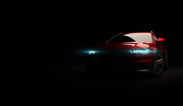 Stylisches Auto auf schwarzem Hintergrund mit eingeschaltetem LED-Licht. futuristische moderne Fahrzeugscheinwerfer Xenon auf dunkel. 3D-Darstellung — Stockfoto