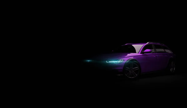 Stijlvolle auto op een zwarte achtergrond met led lampjes op. Xenon futuristische moderne voertuig hoofd licht op donker. 3D render — Stockfoto