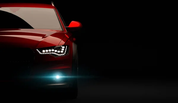 Led ライトが付いて黒の背景上にスタイリッシュな車。未来の現代車ダークでキセノンをライトします。3 d のレンダリング — ストック写真